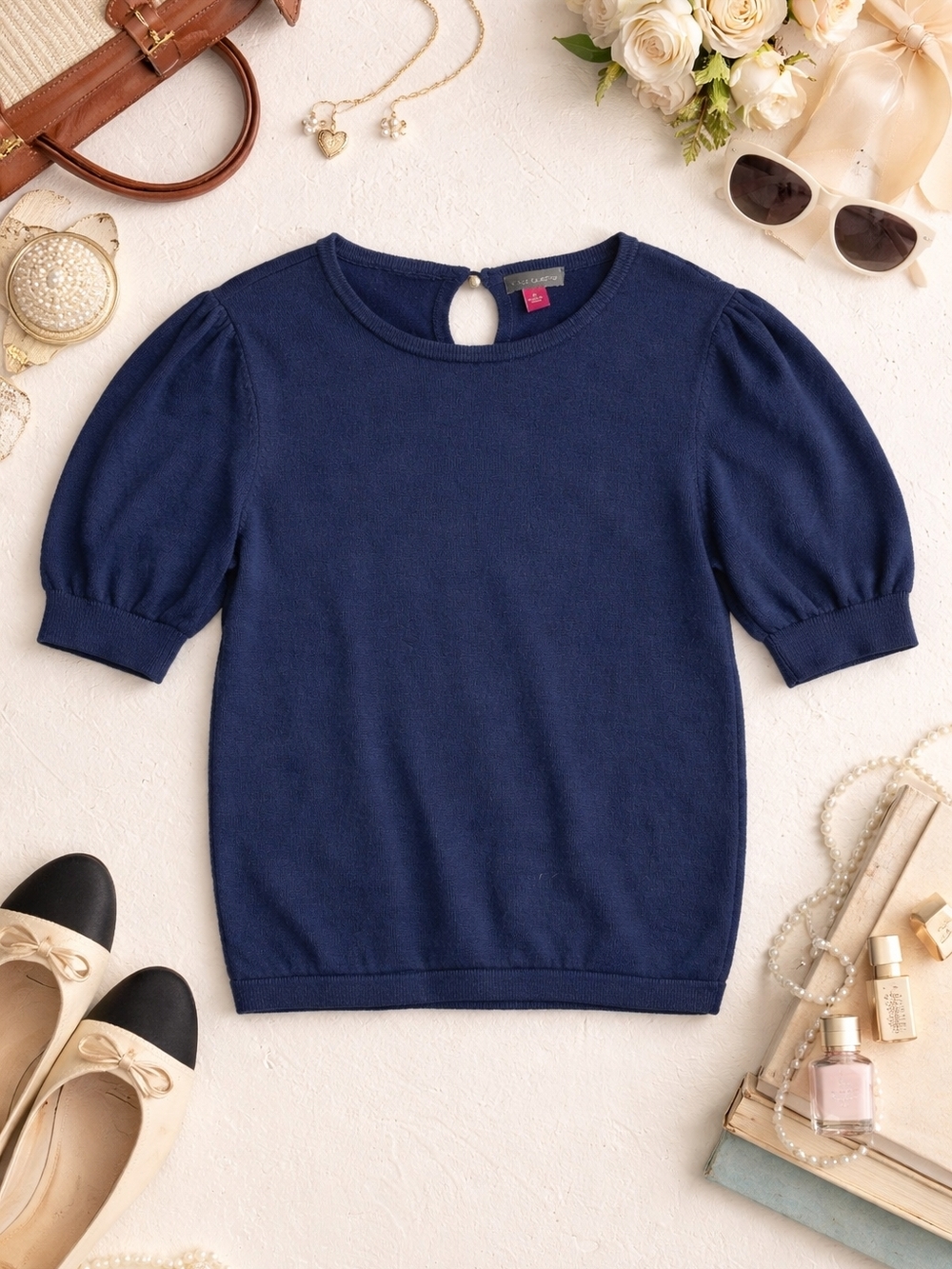 Vince Camuto Navy Puff Sleeve Sweater Top Size Large Classic Preppy